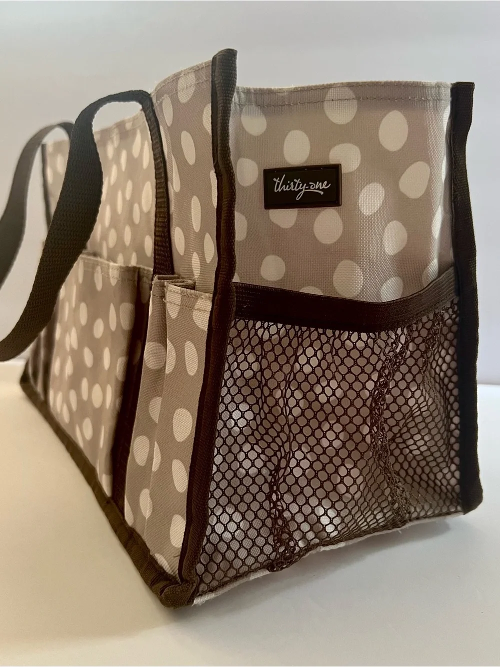 thirty-one Beige/ White Lotsa Dots Polka Dot Utility Tote with Brown Straps NWOT